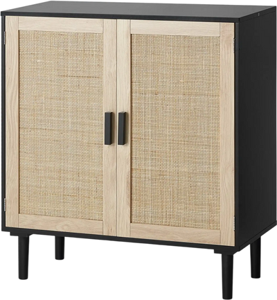 VEVOR Rattan Cabinet, Rattan Storage Cabinet with 2 Magnetic Doors and Adjustable Shelves, Sideboard Buffet Cabinet for Hallway, Entryway, Living Room, or Kitchen, Black