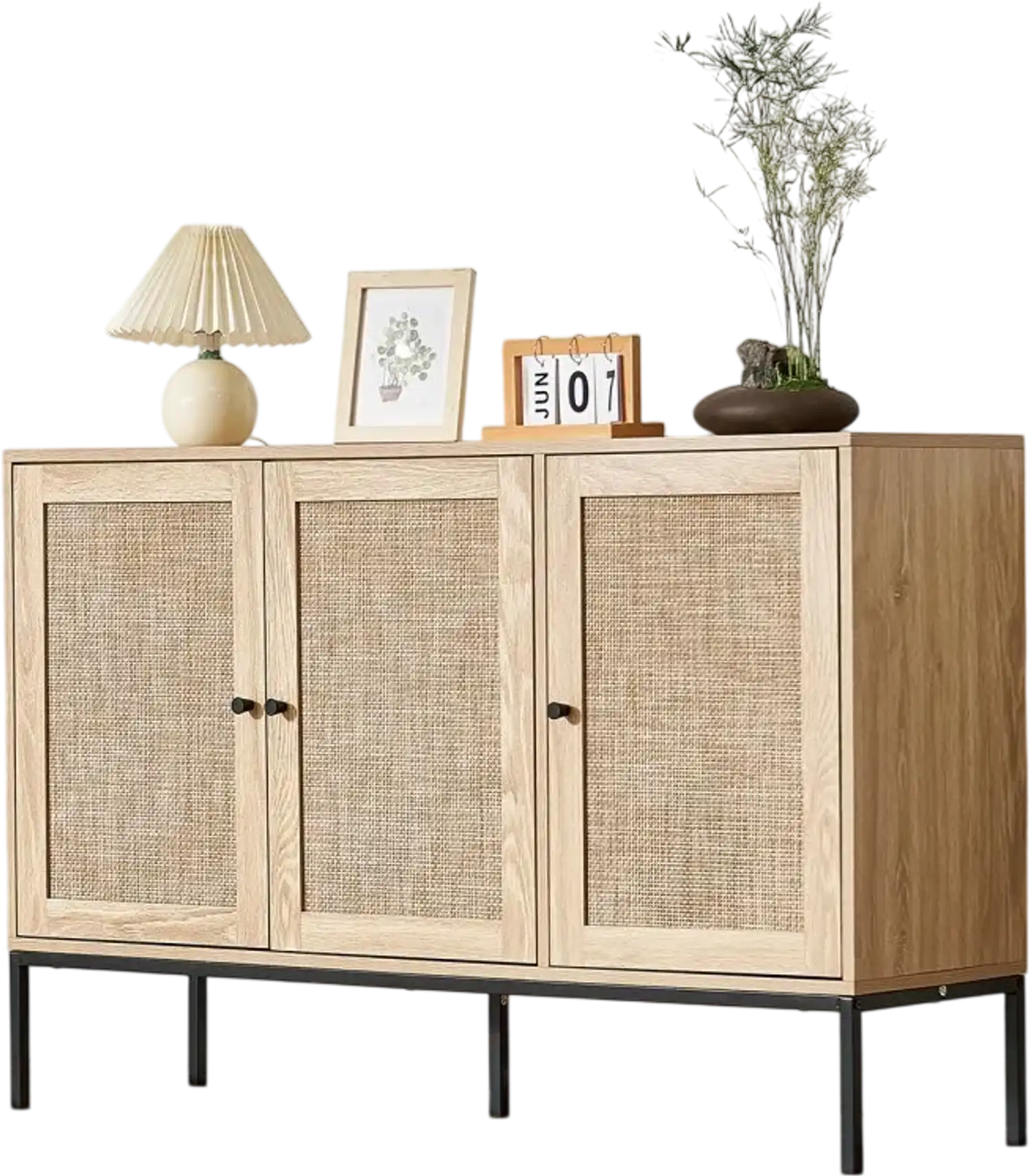 Vevor Sideboard Rattan Storage Cabinet with 3 Magnetic Doors and Adjustable Shelves Natural New