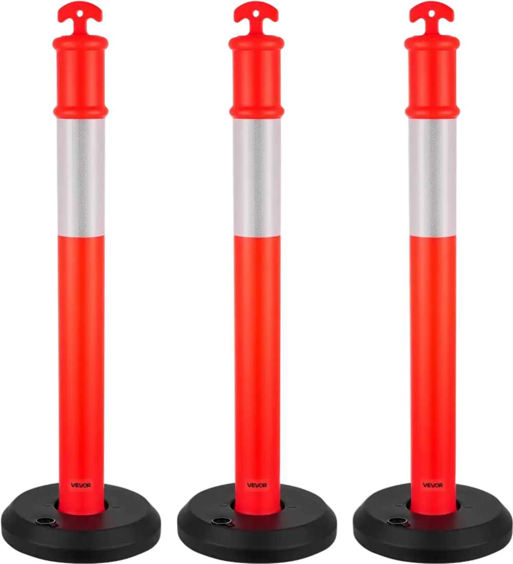 VEVOR 3 Pack Traffic Delineator Posts, 48 inches Traffic Safety Cones with Fillable Base and Reflective Strips, Heavy Duty Delineator Posts for Construction Site, Parking Lot, Crowd Control, Red