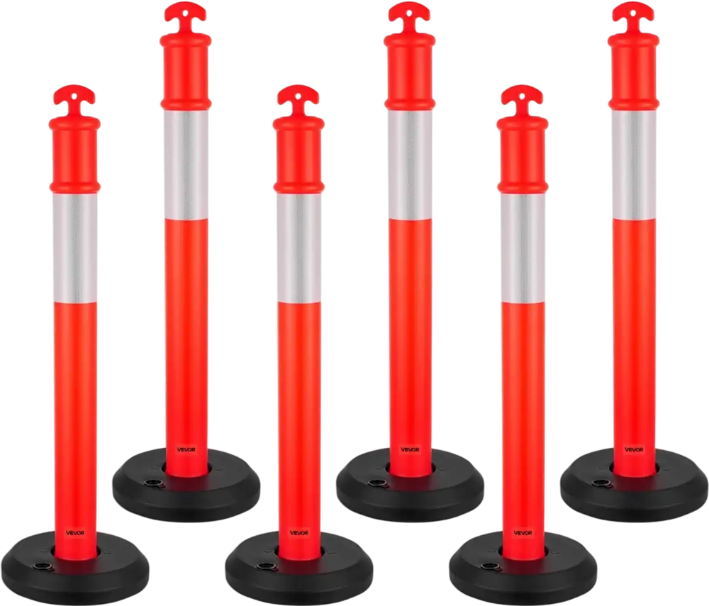 VEVOR 6 Pack Traffic Delineator Posts, 48 inches Traffic Safety Cones with Fillable Base and Reflective Strips, Heavy Duty Delineator Posts for Construction Site, Parking Lot, Crowd Control, Red