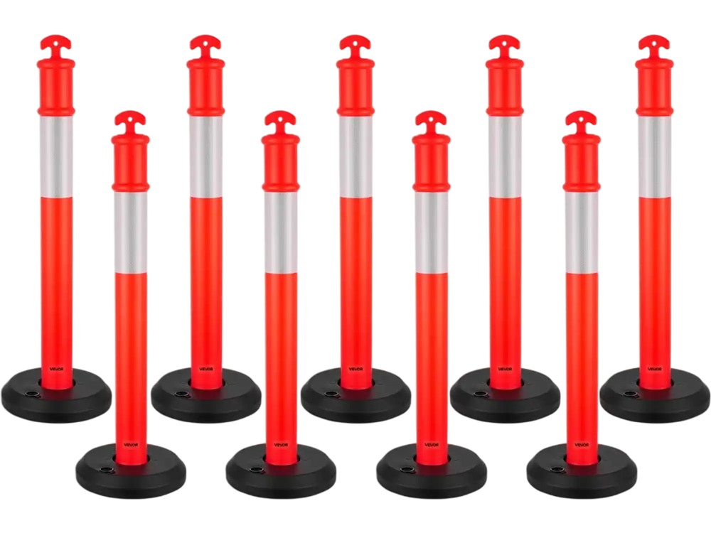 VEVOR 9 Pack Traffic Delineator Posts, 48 inches Traffic Safety Cones with Fillable Base and Reflective Strips, Heavy Duty Delineator Posts for Construction Site, Parking Lot, Crowd Control, Red