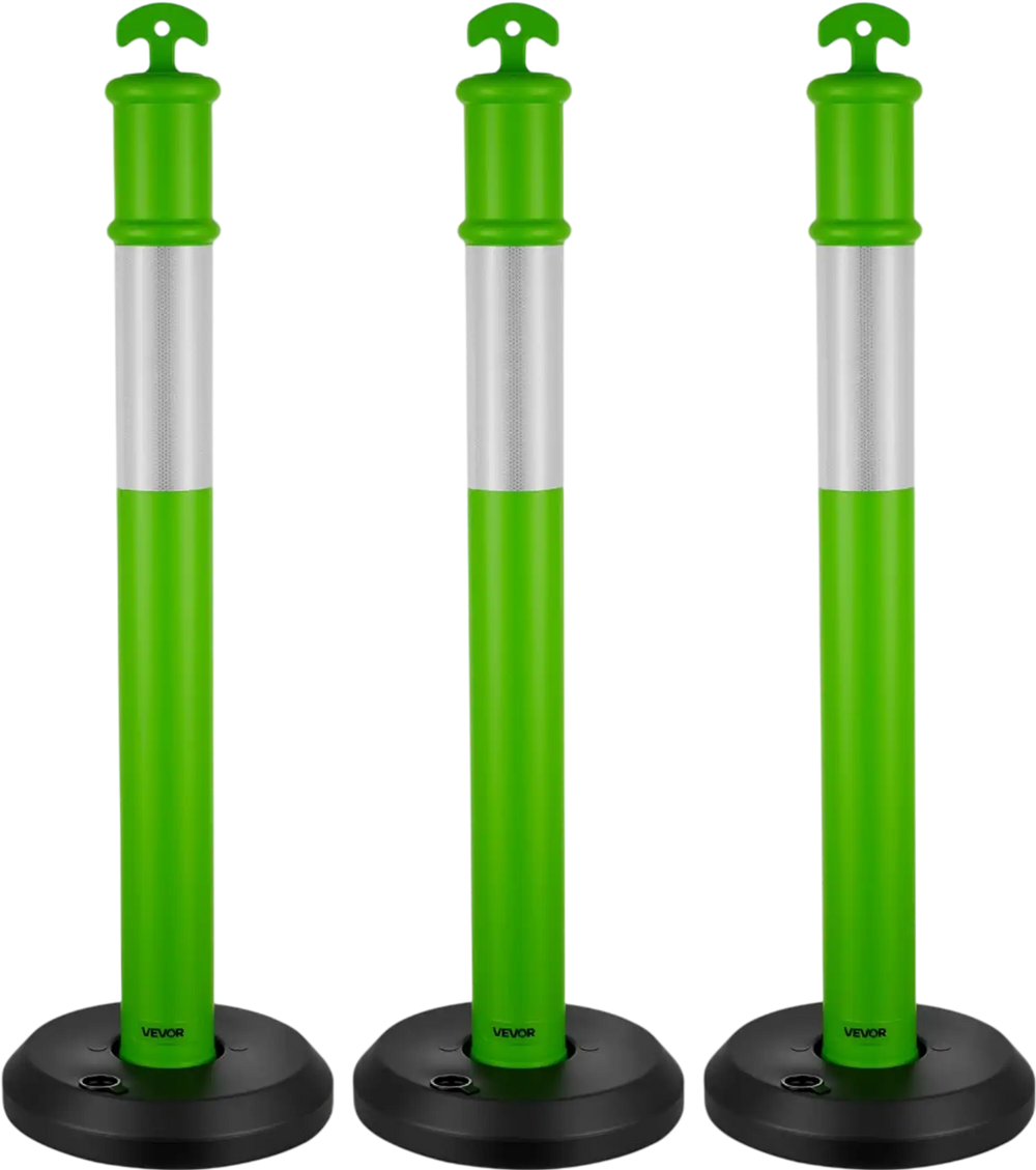 VEVOR 3 Pack Traffic Delineator Posts, 48 inches Traffic Safety Cones with Fillable Base and Reflective Strips, Heavy Duty Delineator Posts for Construction Site, Parking Lot, Crowd Control, Green