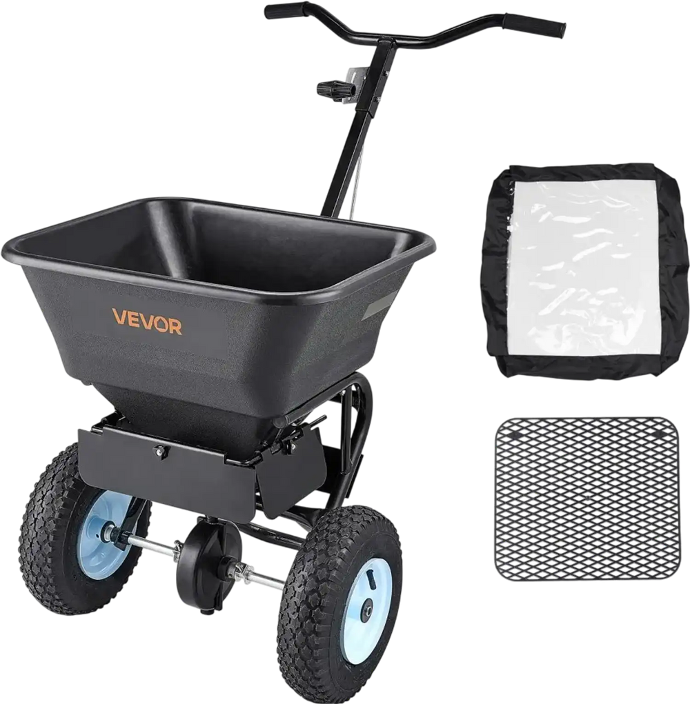 VEVOR Broadcast Spreader, 100LBS4Capacity, Walk-Behind Push Spreader, 0-9.8ft Spreading Width, 13 in All Terrain Pneumatic Tires, Lawn Spreaders with Hopper Grate, for Seed, Fertilizer, Salt, Ice Melt