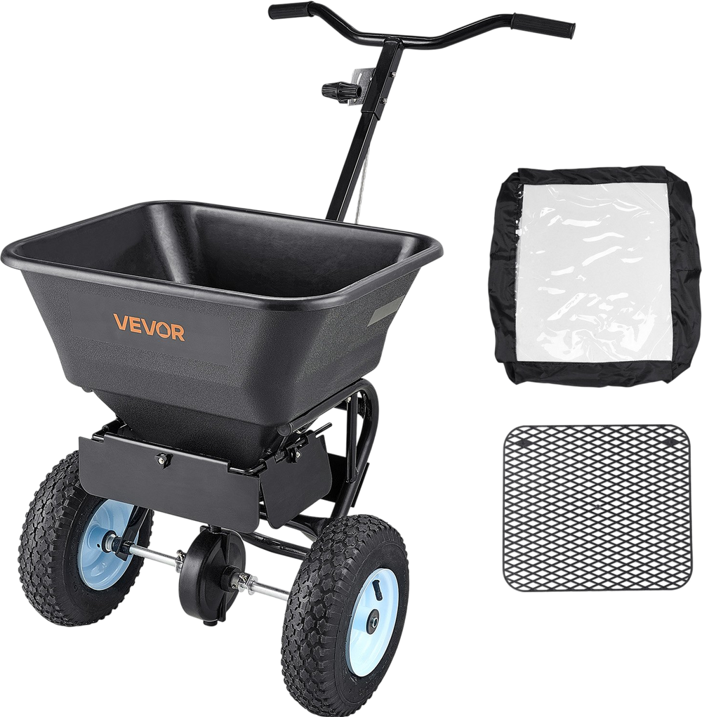 VEVOR Lawn Spreader, 100LBS Capacity, Walk-Behind Push Spreader, 0-9.8ft Spreading Width, 13 in All Terrain Pneumatic Tires, Fertilizer Spreaders with Hopper Grate, for Seed Salt Ice Melt