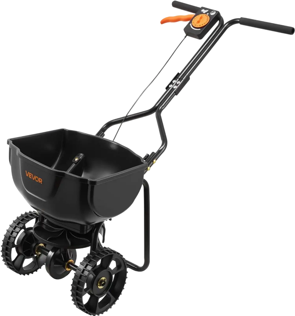 VEVOR Walk-Behind Spreader, 9.8ft Spreading Width, Push Broadcast Spreader with 10" All-Terrain Tires, Adjustable Flow Control, 15lbs Capacity Hopper, Lawn Spreaders for Fertilizer Seed Small Home Use