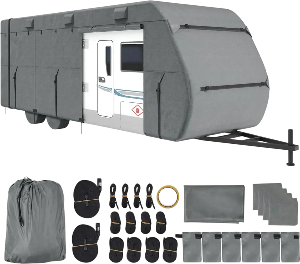 VEVOR Travel Trailer Cover, 28-31 ft RV Cover, Top 300D Oxford Fabric Camper Cover, Waterproof, Windproof and Rip-Stop Class A RV Cover, with Storage Bag, Repair Patches, Straps and Tire Covers