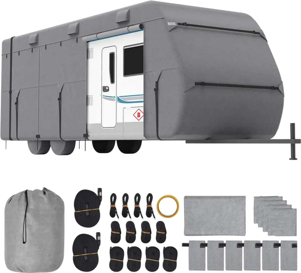 VEVOR Travel Trailer Cover, 27-30 ft RV Cover, 4-Layer Non-Woven Fabric Camper Cover, Waterproof, Windproof and Rip-Stop Class A RV Cover, with Storage Bag, Repair Patches, Straps and Tire Covers