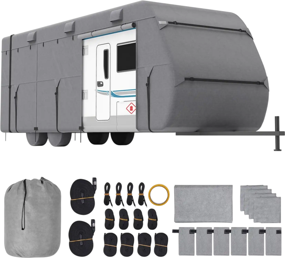 VEVOR Travel Trailer Cover, 22-24 ft RV Cover, 4-Layer Non-Woven Fabric Camper Cover, Waterproof, Windproof and Rip-Stop Class A RV Cover, with Storage Bag, Repair Patches, Straps and Tire Covers