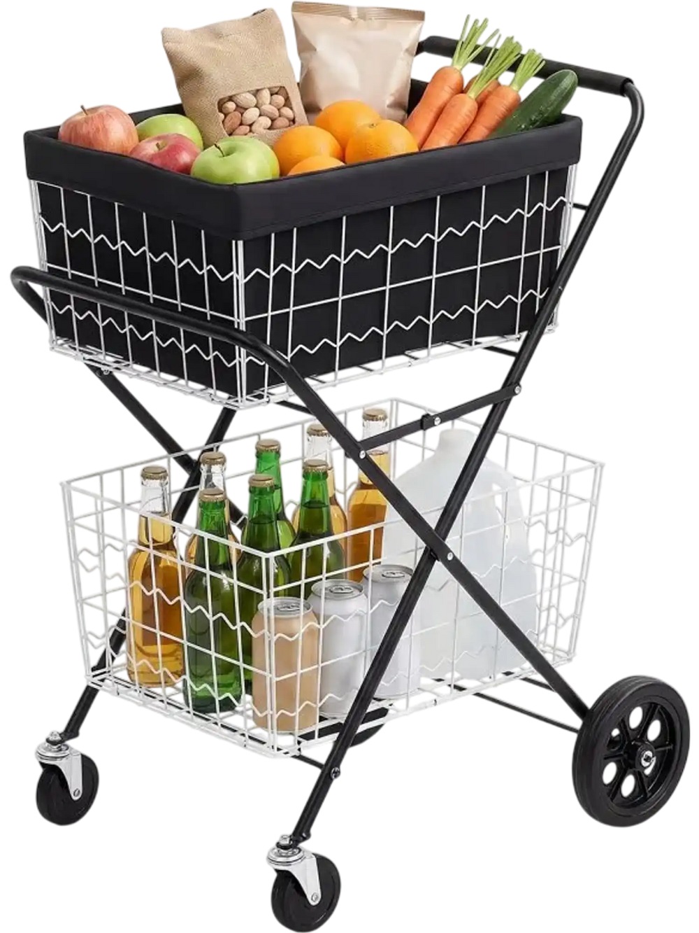 VEVOR Shopping Cart 2-Tier with Wheels Foldable for Grocery 88lbs Capacity, Heavy Duty Utility Cart with 2 Detachable Storage Baskets, 360° Rolling Swivel Wheels, for Groceries, Warehouse, Supermarket