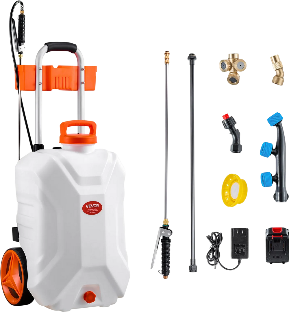 VEVOR Battery-Powered Sprayer with Wheeled Cart, 10 Gallons Electric Weed Sprayer, Adjustable 0-80 PSI, Yard Lawn Sprayers with Wheels, 5 Nozzles & 98ft Hose, 3-6H Spray Time, for Weeding, Cleaning