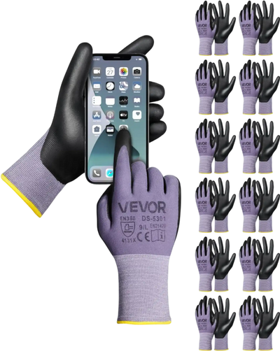 Work Gloves 12 Pairs Touch Screen Nitrile-Coated Garden Construction Gloves