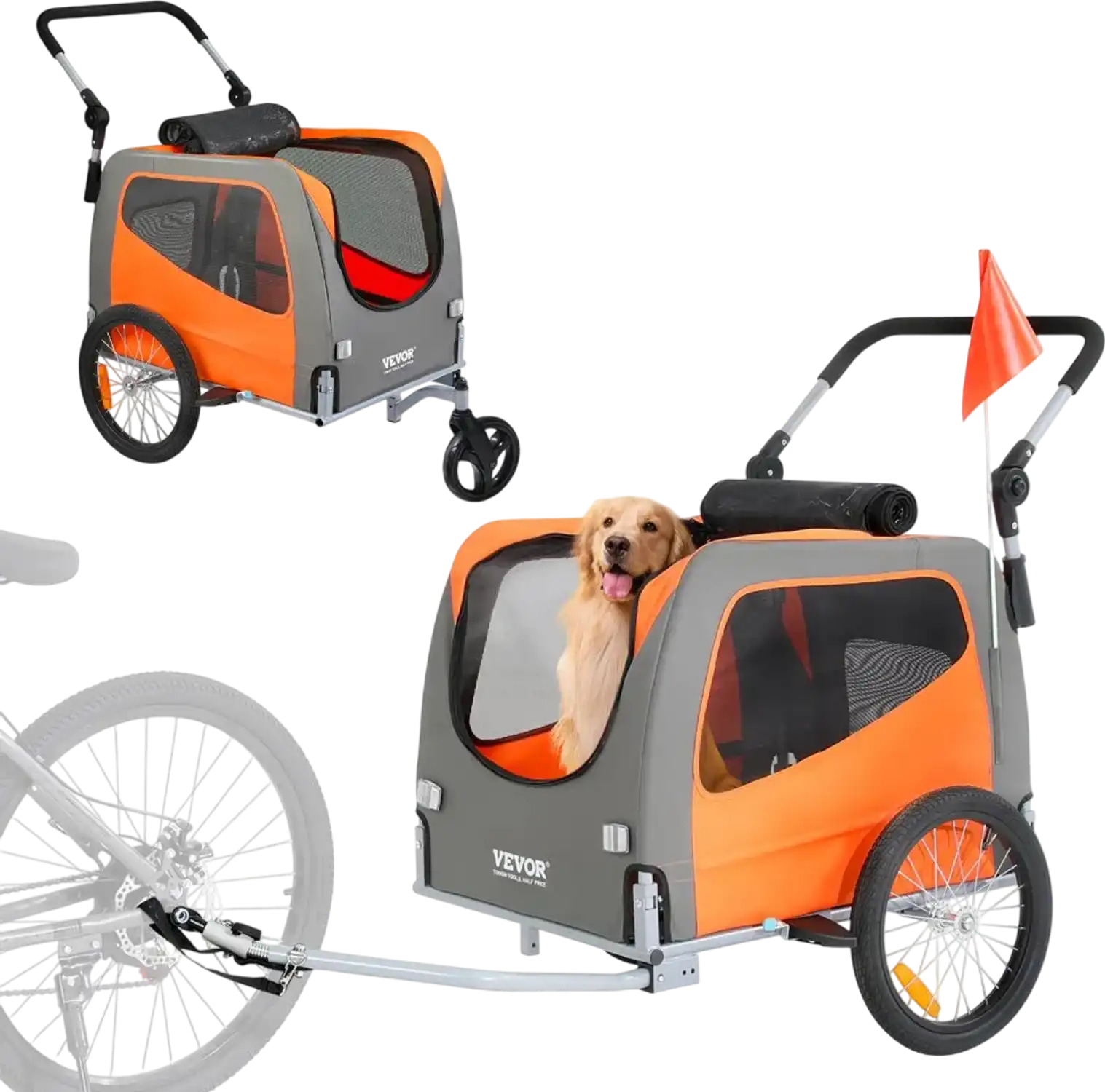 Vevor Dog Bike Trailer 2-in-1 Pet Stroller Cart Orange/Gray New
