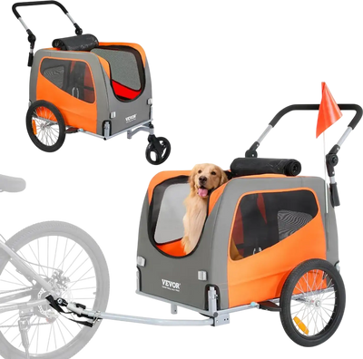 Vevor Dog Bike Trailer 2-in-1 Pet Stroller Cart Orange/Gray New