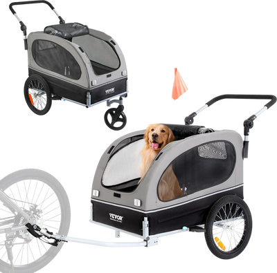 VEVOR Dog Bike Trailer, Supports up to 88 lbs, 2-in-1 Pet Stroller Cart Bicycle Carrier, Easy Folding Cart Frame with Quick Release Wheels, Universal Bicycle Coupler, Reflectors, Flag, Black/Gray