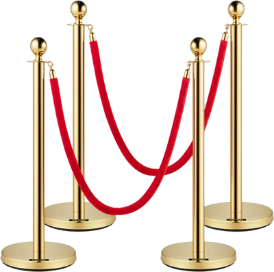 Vevor Stanchion Posts Gold Crowd Control Barrier with Red Velvet Ropes 4-Pack New