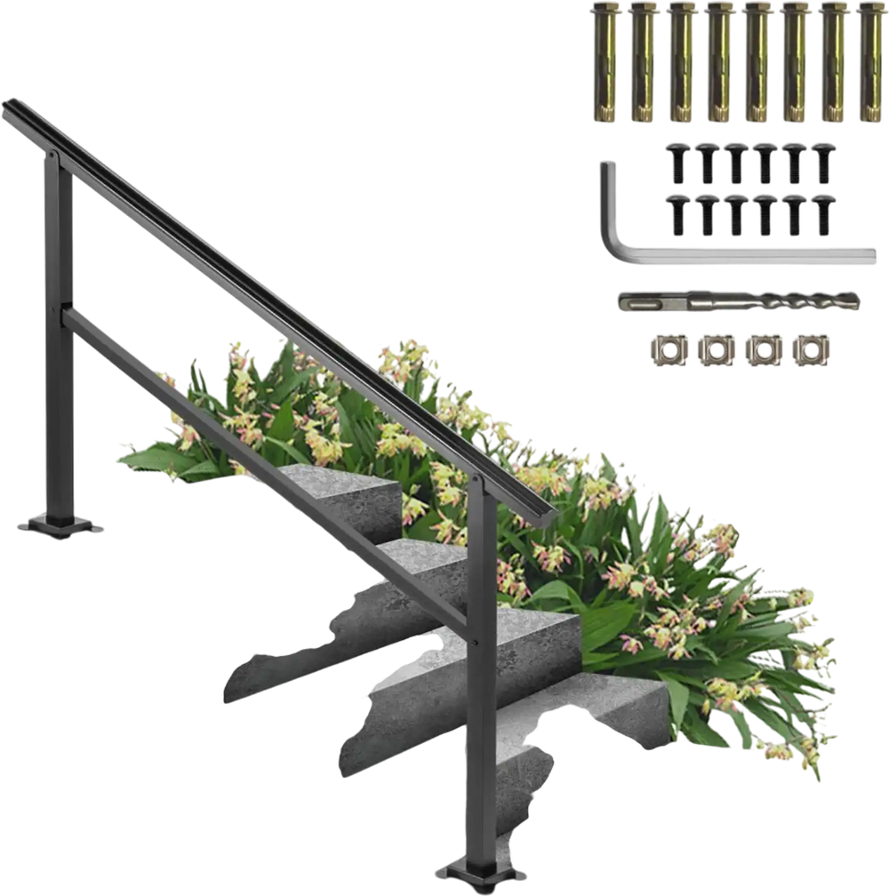 VEVOR Outdoor Handrail 165LBS Load Handrail Outdoor Stairs Aluminum Stair Handrail 60 x 35" Outdoor Stair Railing Transitional Range from 0 to 30° Staircase Handrail Fits 4-5 Steps with Screw Kit