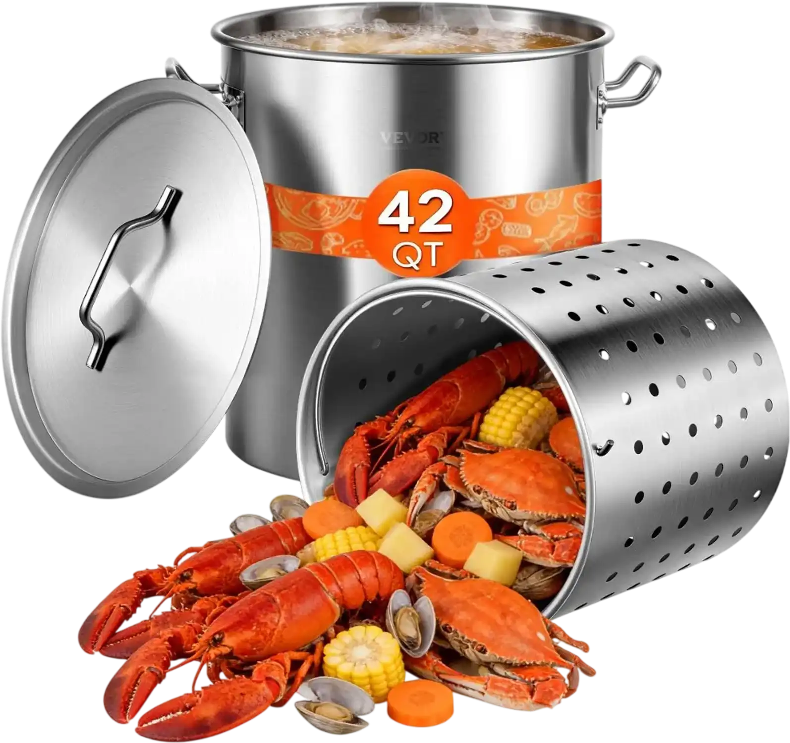 Vevor Stock Pot 42 QT Stainless Steel Commercial Sauce Pot with Basket Lid and Handle New
