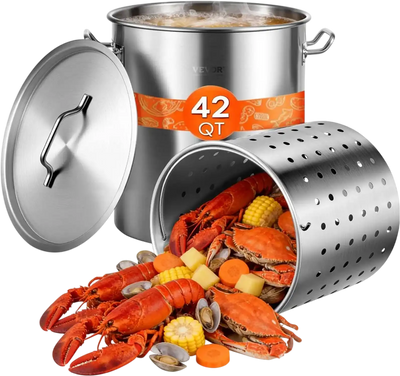 VEVOR Stainless Steel Stockpot, 42 Quart Large Cooking Pots, Cookware Sauce Pot with Basket, Lid, and Handle, Heavy Duty Commercial Grade Stock Pot, Sanding Treatment, for Large Groups Events Silver