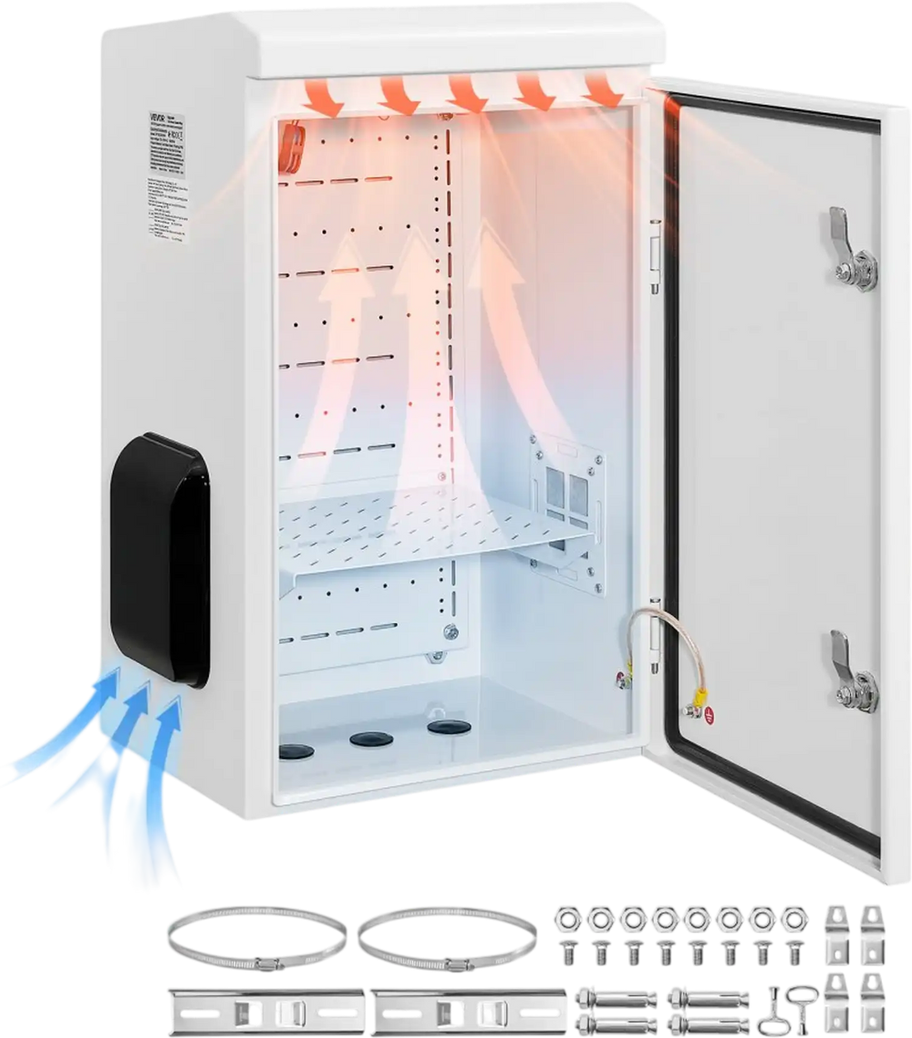 VEVOR Outdoor Electrical Box, Cold-Rolled Steel, Electrical Junction Box with Thermostat and Fan, Rain Hood, Ventilated Design, IP65 Waterproof Hinged Enclosure, Wall/Pole Mounted, 24 x 16 x 12 in