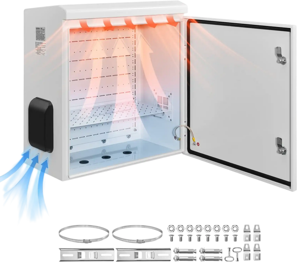 VEVOR Outdoor Electrical Box, Cold-Rolled Steel, Electrical Junction Box with Thermostat and Fan, Rain Hood, Ventilated Design, IP65 Waterproof Hinged Enclosure, Wall/Pole Mounted, 24 x 24 x 12 in