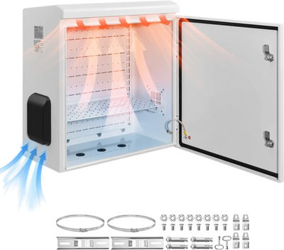 VEVOR Outdoor Electrical Box, Cold-Rolled Steel, Electrical Junction Box with Thermostat and Fan, Rain Hood, Ventilated Design, IP65 Waterproof Hinged Enclosure, Wall/Pole Mounted, 24 x 24 x 12 in