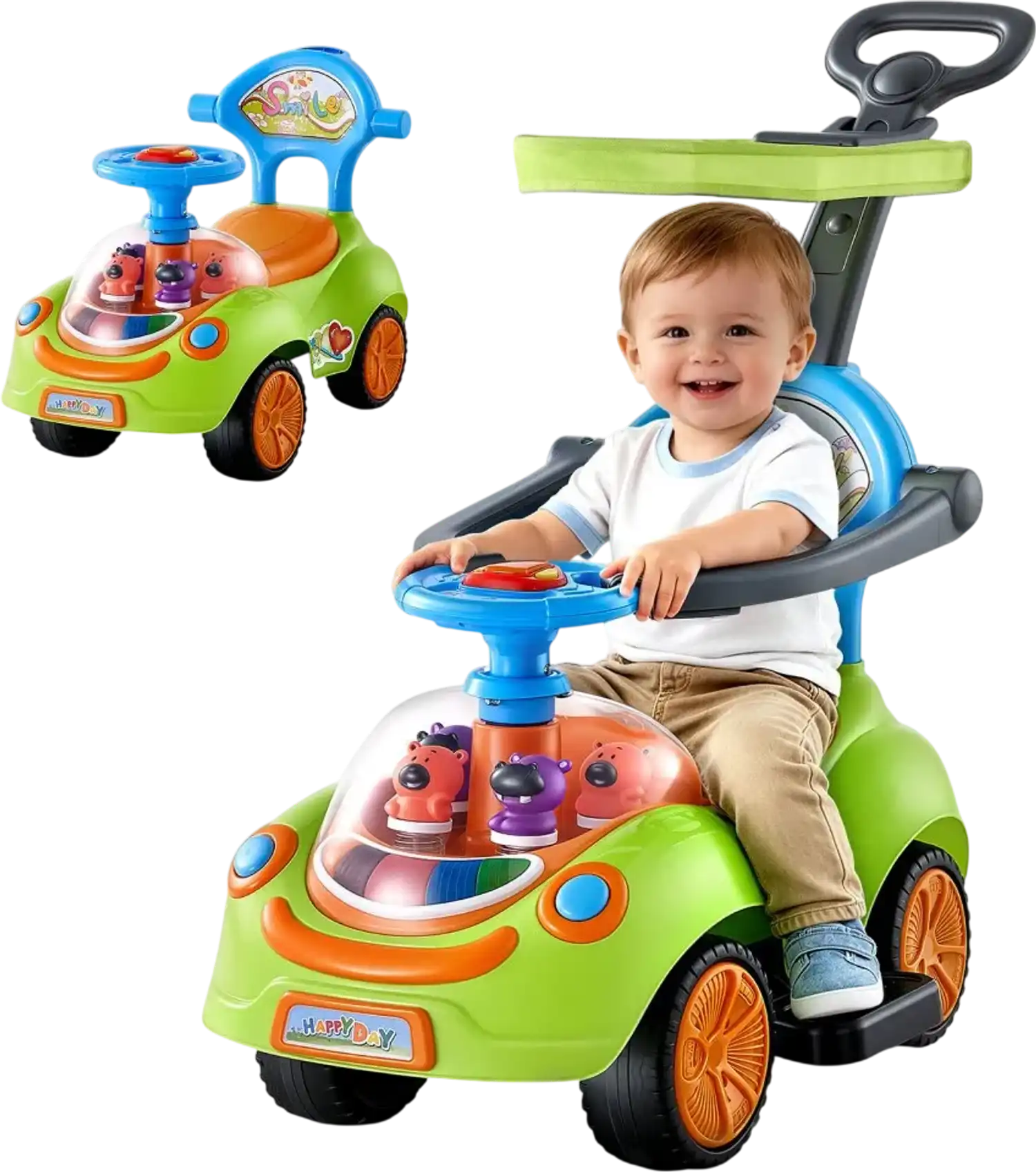 Vevor Ride-On Push Car Toddler Sit-to-Stand Buggy with Canopy, Music, Lights & Storage New