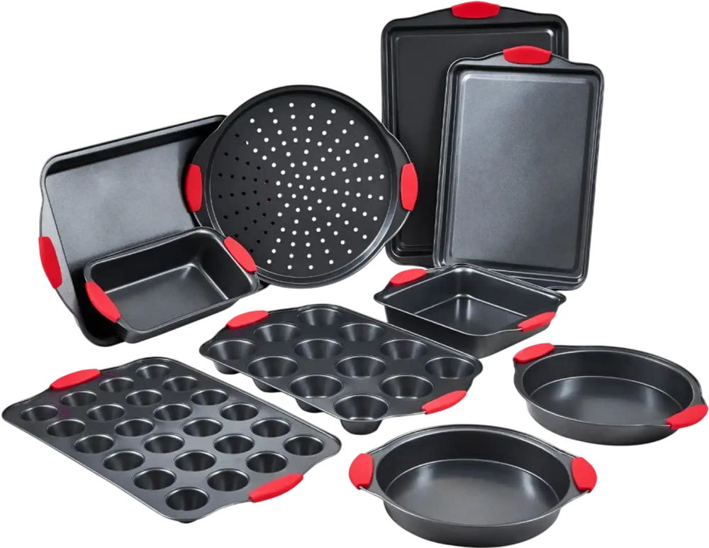 VEVOR Baking Pans Set, 10-Piece, Nonstick Carbon Steel Cookware Sheets & Trays, Stackable Kitchen Oven Bakeware Cooking Sets with Silicone Handles, Easy to Clean, for Baking Cookie Cake Muffin Bread