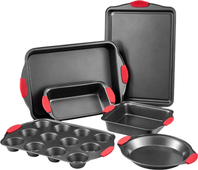 VEVOR Baking Pans Set, 6-Piece, Nonstick Carbon Steel Cookware Sheets & Trays, Stackable Kitchen Oven Bakeware Cooking Sets with Silicone Handles, Easy to Clean, for Baking Cookie Cake Muffin Bread