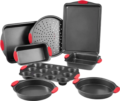 VEVOR Baking Pans Set, 8-Piece, Nonstick Carbon Steel Cookware Sheets & Trays, Stackable Kitchen Oven Bakeware Cooking Sets with Silicone Handles, Easy to Clean, for Baking Cookie Cake Muffin Bread