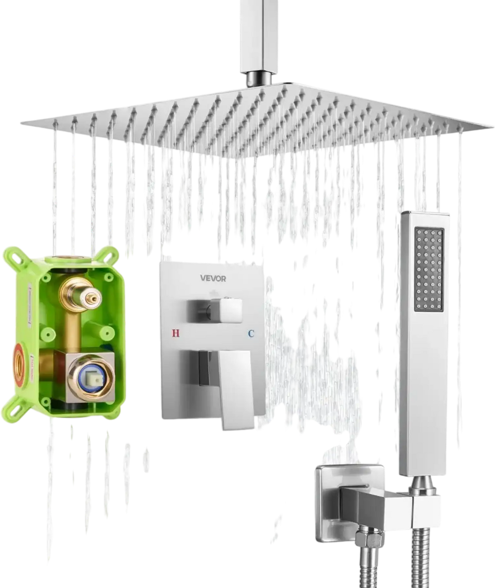 VEVOR Shower Faucet Set, Rainfall Bathroom Shower System with 12-Inch Square Rain Shower Head and Handheld Spray, Ceiling Mount Bath Fixtures with Brass Valve and Trim Kit, Brushed Nickel