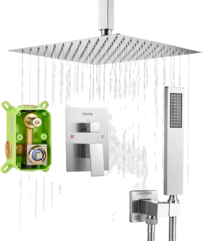 VEVOR Shower Faucet Set, Rainfall Bathroom Shower System with 12-Inch Square Rain Shower Head and Handheld Spray, Ceiling Mount Bath Fixtures with Brass Valve and Trim Kit, Brushed Nickel