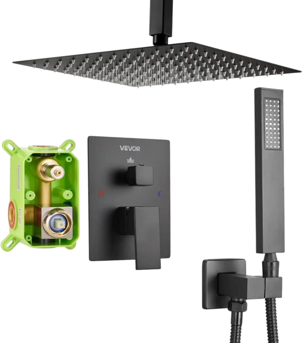 VEVOR Shower Faucet Set, Rainfall Bathroom Shower System with 12-Inch Square Rain Shower Head and Handheld Spray, Ceiling Mount Bath Fixtures with Brass Valve and Trim Kit, Matte Black