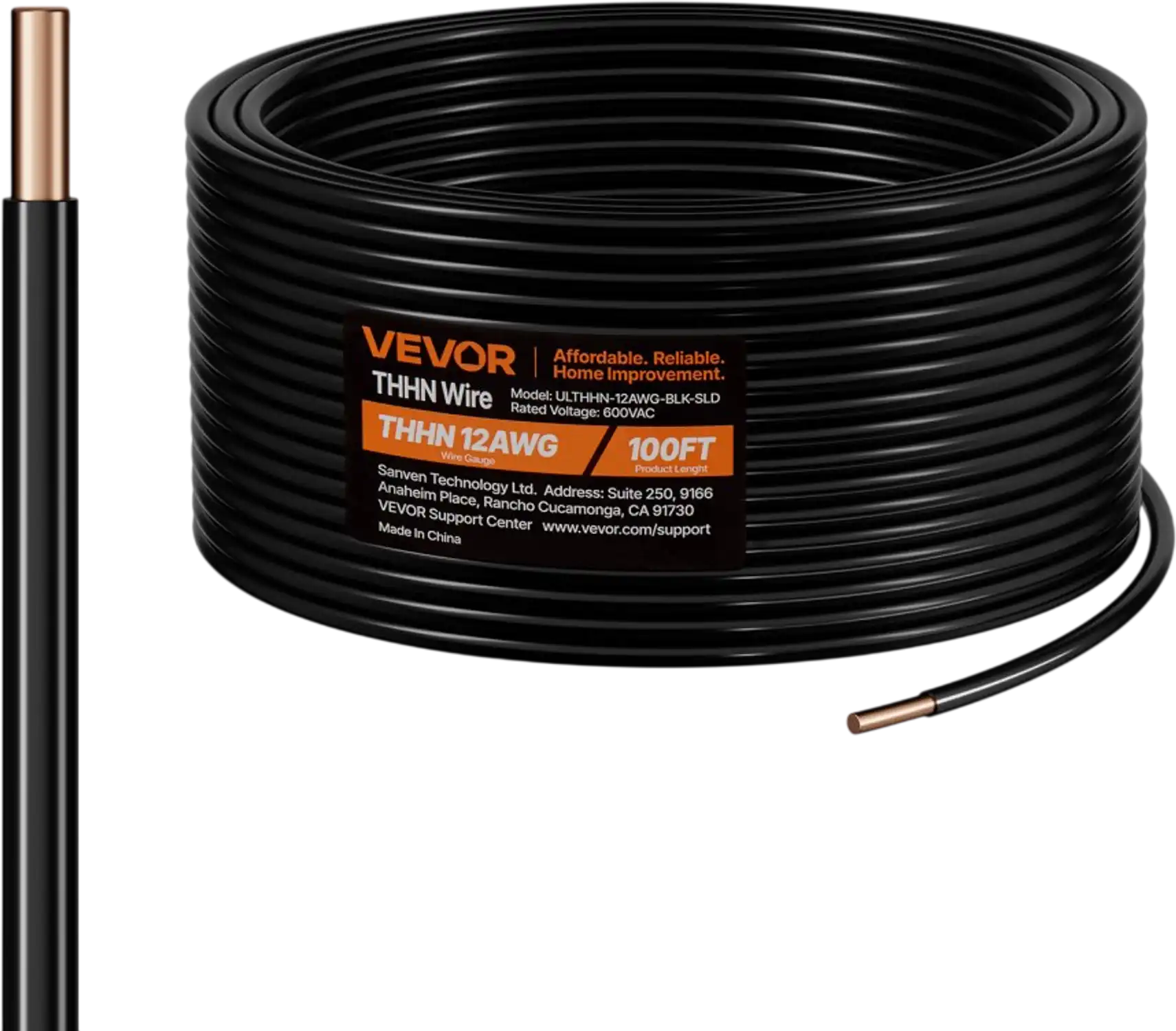 Vevor THHN Wire 12 AWG Solid Black Copper Building Wire 100' New