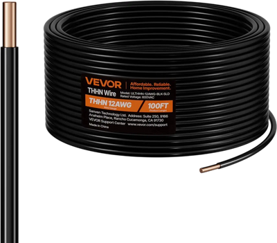 Vevor THHN Wire 12 AWG Solid Black Copper Building Wire 100' New