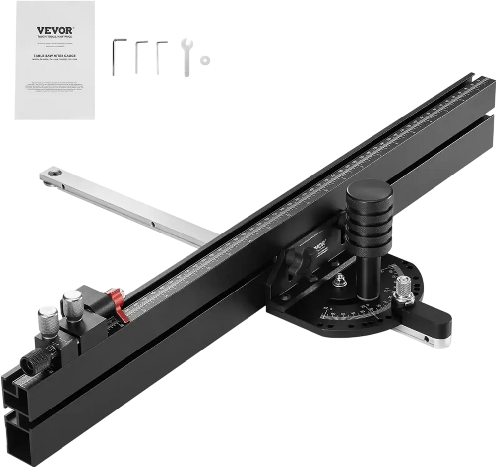VEVOR Precision Miter Gauge, Standard Slot 3/4'' x 3/8'', Aluminum Alloy Table Saw Miter Gauge with 24 in Grating 15 Angle Stops Adjustable Spring Loaded Plunger and Removable Disc, for Woodworking