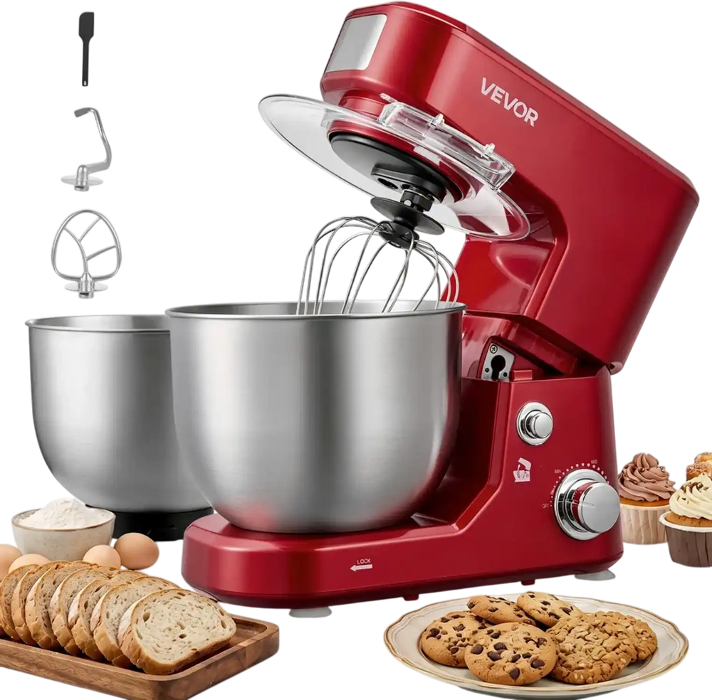 VEVOR 5.3+4.2 Qt Tilt Head Stand Mixer 400W Electric Dough Mixer, 3 Speeds Food Kitchen Mixer with Stainless Steel Bowl, Splash Guard, Dough Hook, Whisk, Beater, for Baking Mixing Whipping