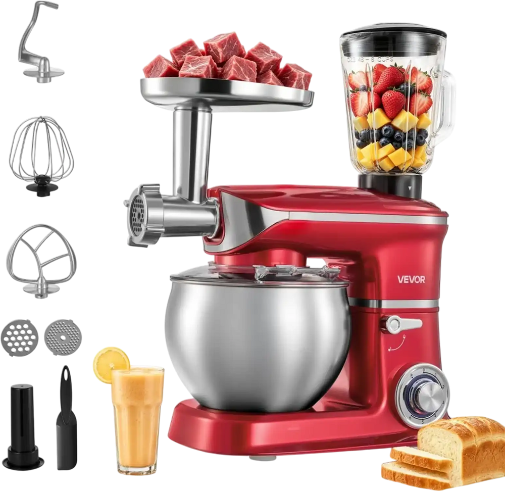 VEVOR 6.3 Qt 3-in-1 Tilt Head Stand Mixer 400W Electric Dough Mixer, Multifunctional Food Kitchen Mixer with Stainless Steel Bowl, Meat Grinder and Blender Attachments, Dough Hook, Whisk, Beater
