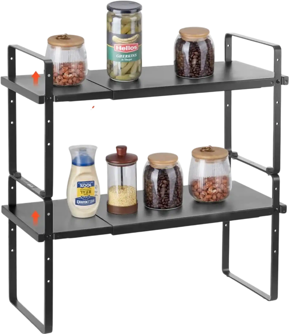 VEVOR Adjustable Kitchen Cabinet Shelf Organizer, Expandable 2 Tier Cabinet Shelf, Stackable Countertop Organizers and Storage Shelf Risers, Pantry Organizers for Kitchen Bathroom Office, Black
