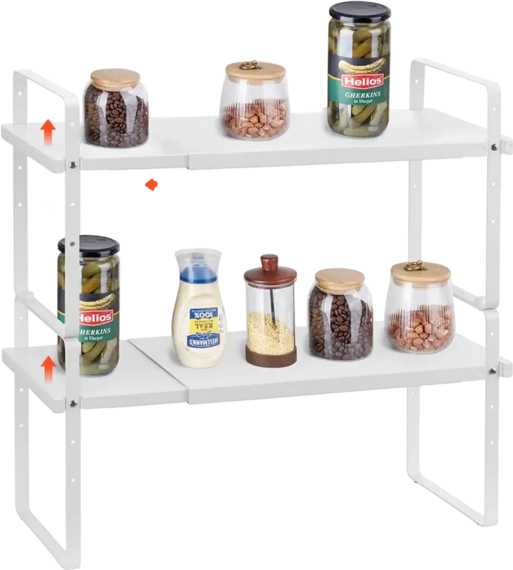 VEVOR Adjustable Kitchen Cabinet Shelf Organizer, Expandable 2 Tier Cabinet Shelf, Stackable Countertop Organizers and Storage Shelf Risers, Pantry Organizers for Kitchen Bathroom Office, White