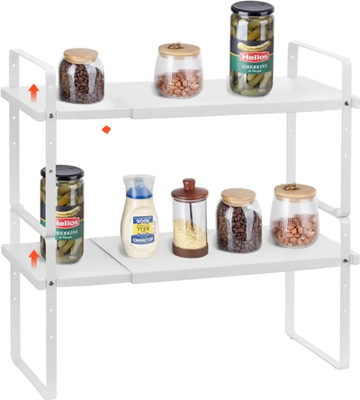 VEVOR Adjustable Kitchen Cabinet Shelf Organizer, Expandable 2 Tier Cabinet Shelf, Stackable Countertop Organizers and Storage Shelf Risers, Pantry Organizers for Kitchen Bathroom Office, White