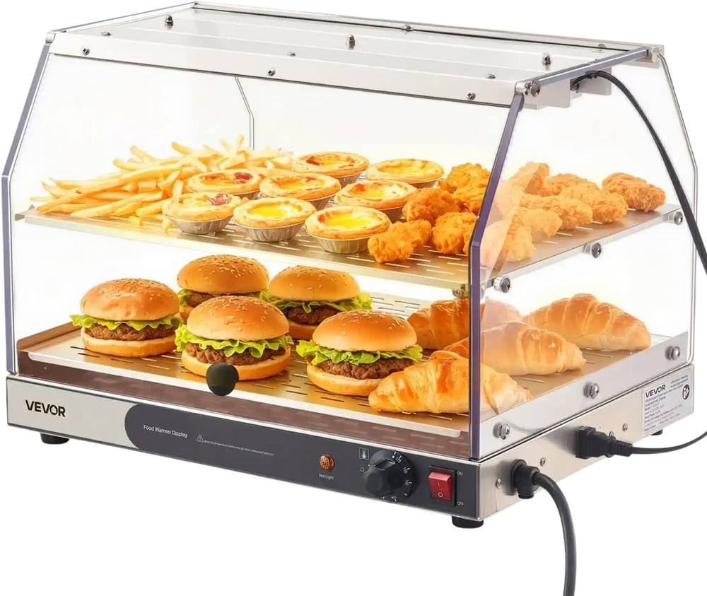 VEVOR 2-Tier Commercial Food Warmer Display, 450W Food Display Warmer with Light, Detachable Shelves and Double-Sided Door Design, 85℉~185℉ Air Heating, 48L for Hamburger, Pizza, Bread, Fried Chicken