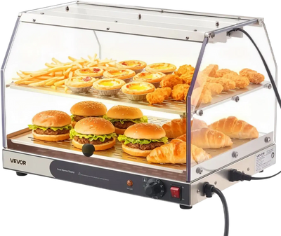 VEVOR 2-Tier Commercial Food Warmer Display, 450W Food Display Warmer with Light, Detachable Shelves and Double-Sided Door Design, 85℉~185℉ Air Heating, 48L for Hamburger, Pizza, Bread, Fried Chicken