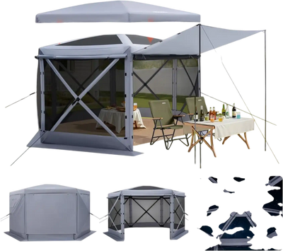 VEVOR Pop up Gazebo Screen Tent, 12 x 12 ft Large 6-Sided Camping Canopy Tent with Removable Top & Carry Bag, Quick-Set & Bite-Proof, Screen House Sun Shelter for 8-10 Persons Backyard Patio, Grey
