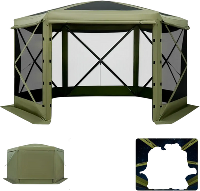 VEVOR Pop up Gazebo Screen Tent, 12 x 12 ft Large 6-Sided Camping Canopy Tent with Removable Top & Carry Bag, Quick-Set & Bite-Proof, Screen House Sun Shelter for 8-10 Persons Backyard Patio, Green