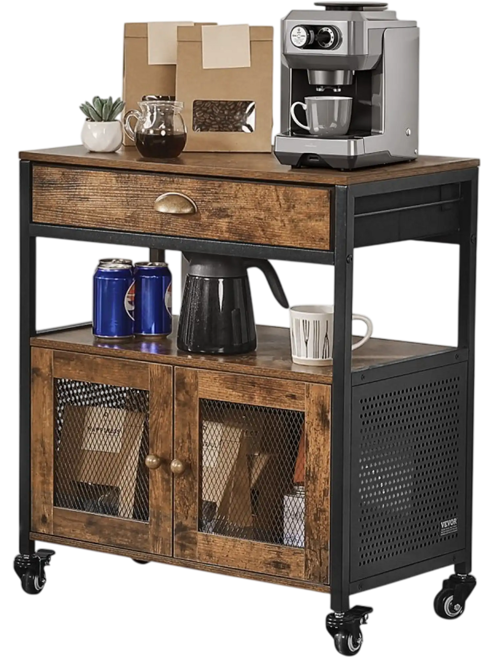 VEVOR Coffee Bar Cabinet, 24 Inch Farmhouse Coffee Bar Cabinet with Storage, Movable Coffee Bar Table with Wheels & Mesh Door, Sideboard Buffet Cabinet for Kitchen, Entryway