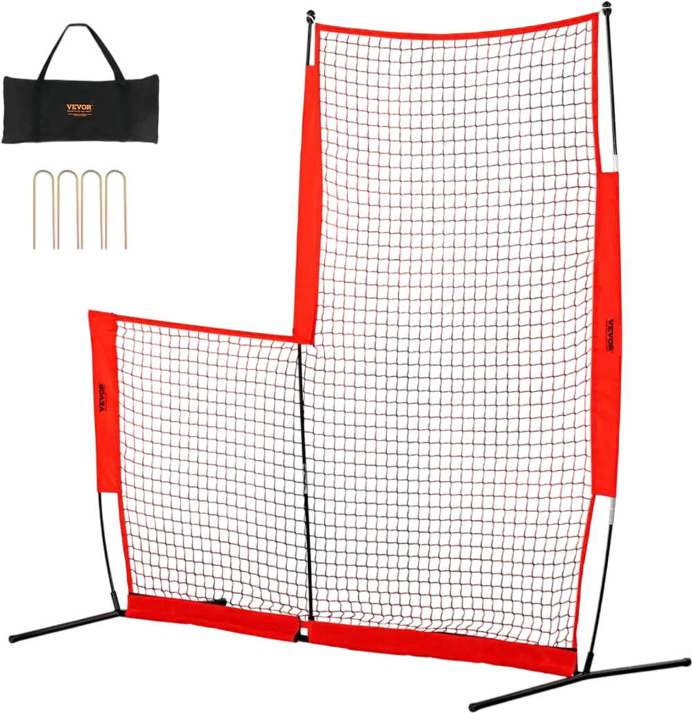 VEVOR L Screen Baseball for Batting Cage, 7x7 ft Baseball & Softball Safety Screen, Body Protector Portable Batting Screen with Carry Bag & Ground Stakes, Baseball Pitching Net for Pitchers Protection