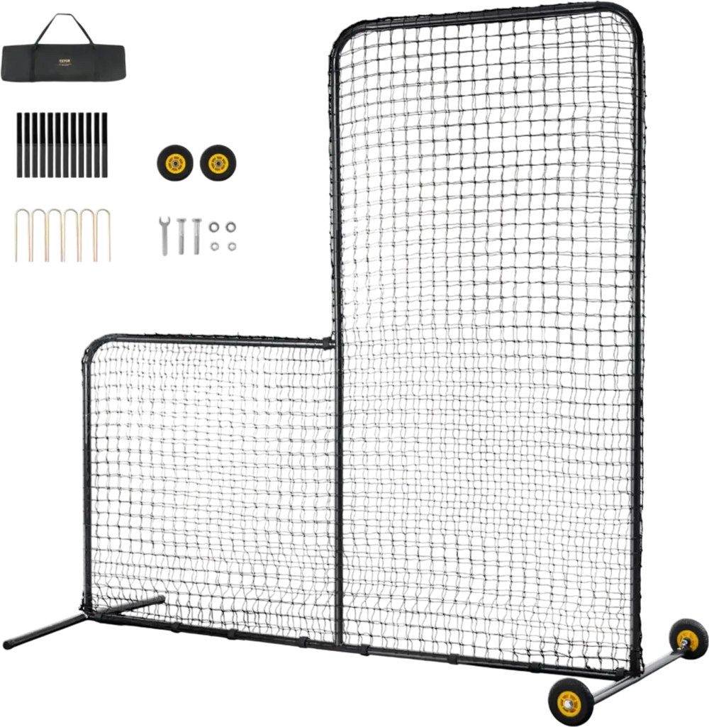 VEVOR L Screen Baseball for Batting Cage, 7x7 ft Softball Safety Screen, Body Protector Portable Batting Screen with Carry Bag, Wheels, Ground Stakes, Heavy Duty Pitching Net for Pitchers Protection