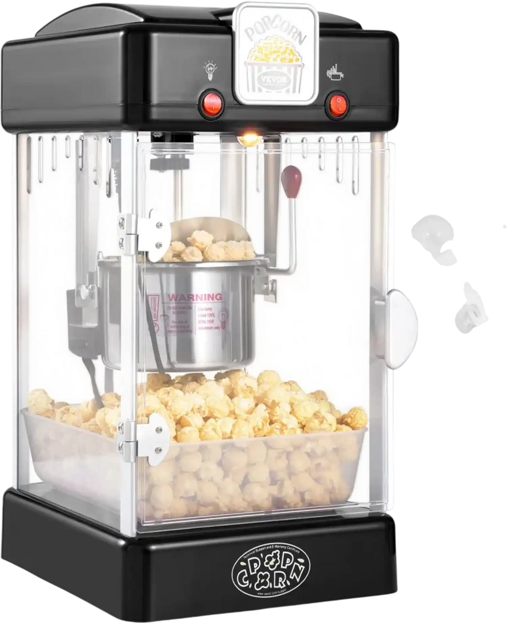 VEVOR Popcorn Maker, 300W Popcorn Popper Machine, 2.5 Oz Kettle Makes 4 QT per Batch, Tabletop Popcorn Maker with PP Door, Includes 2 Scoops and Tray, Movie Theater Style, Black
