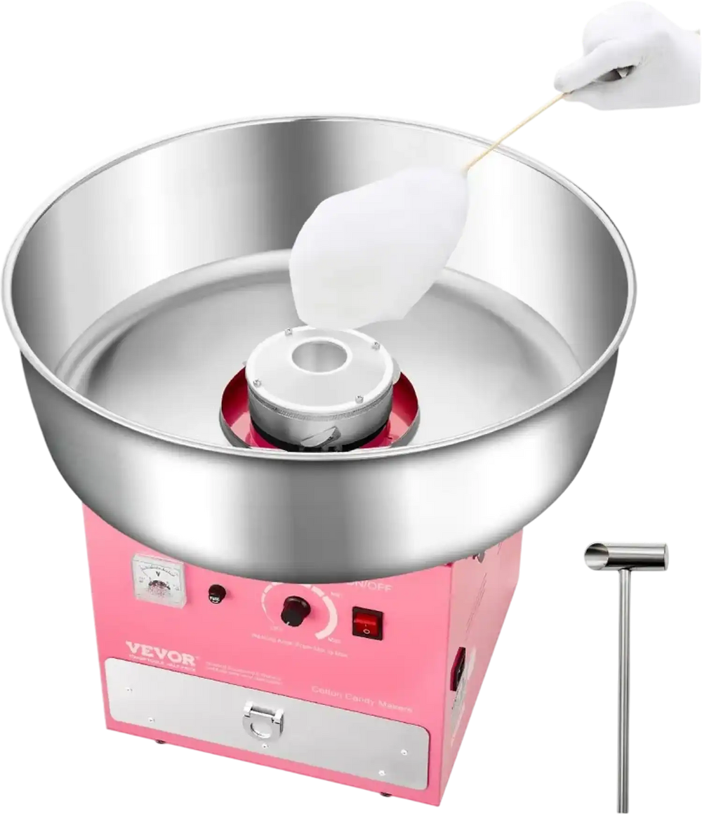 VEVOR Electric Cotton Candy Machine, 1000W Commercial Candy Floss Maker with 20.5 in Stainless Steel Bowl, Sugar Scoop, and Drawer, Easy Home Use, Perfect for Kids Birthday, Family Party, Pink