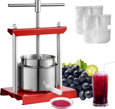 VEVOR Fruit Wine Press, 0.88 Gallon/3.36L, 2 Stainless Steel Barrels, Manual Juice Maker, Cider Apple Grape Tincture Vegetables Honey Olive Oil Making Press with T-Handle for Outdoor, Kitchen and Home